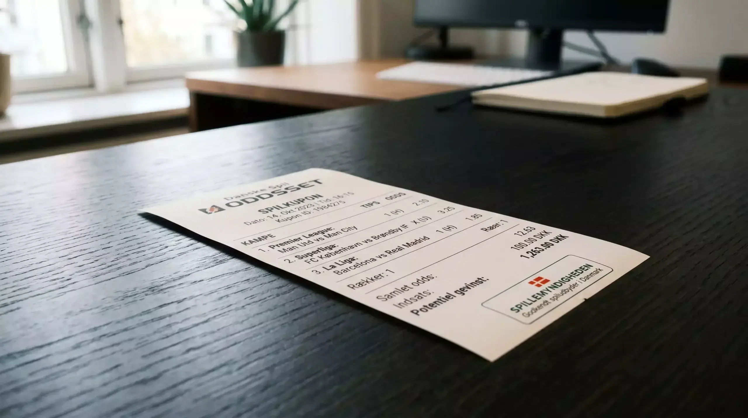 Papirkupon med tryk og dansk Spillemyndigheden-licensmærke på skrivebord