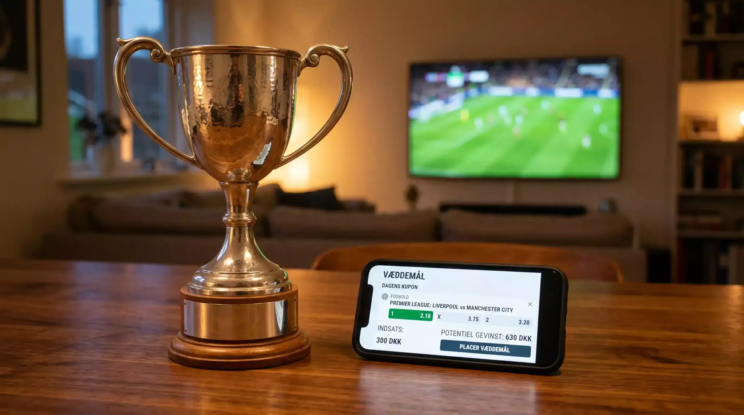 Champions League-trofæ på bord med dansk spilkupon