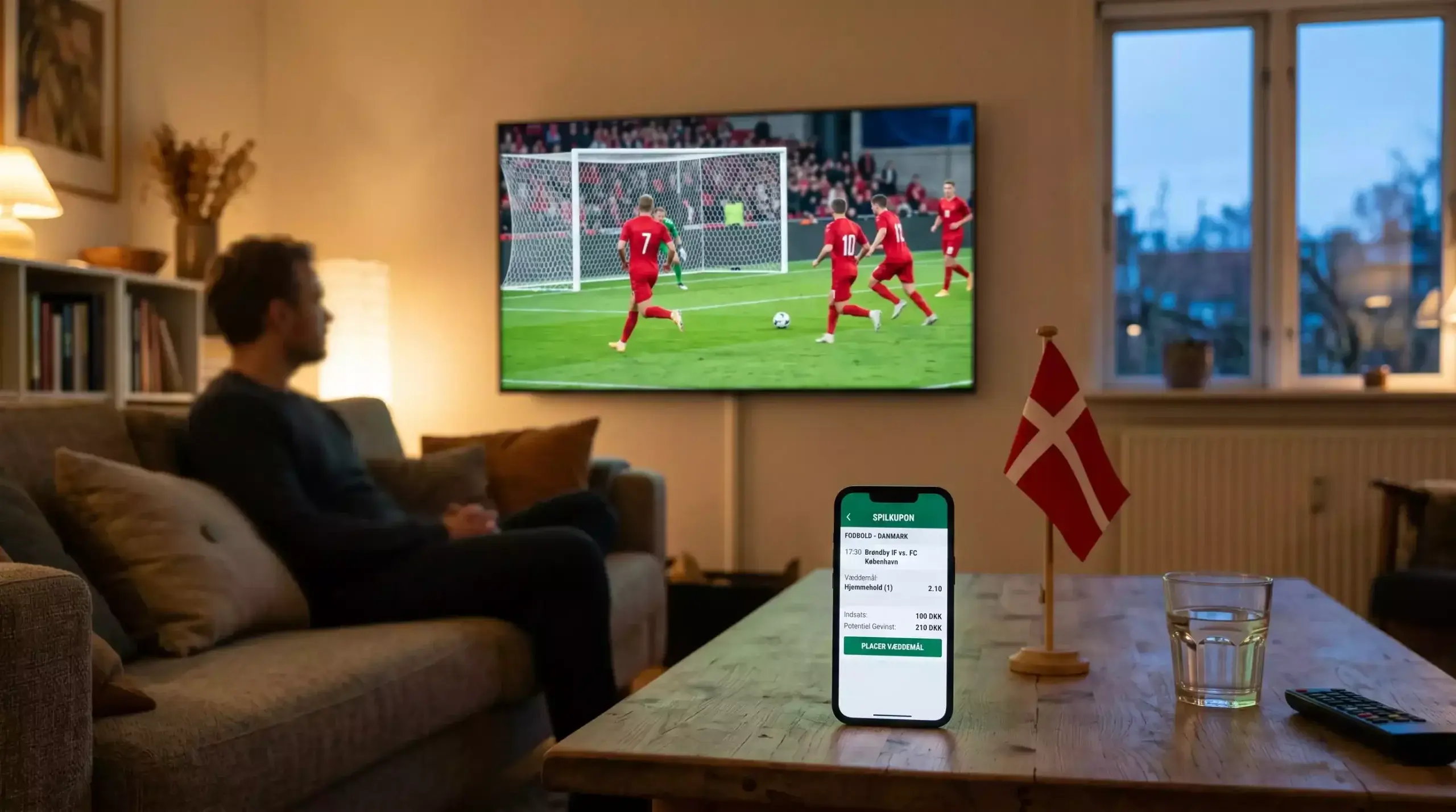 Storskærm med landsholdskamp og betting-app på mobil