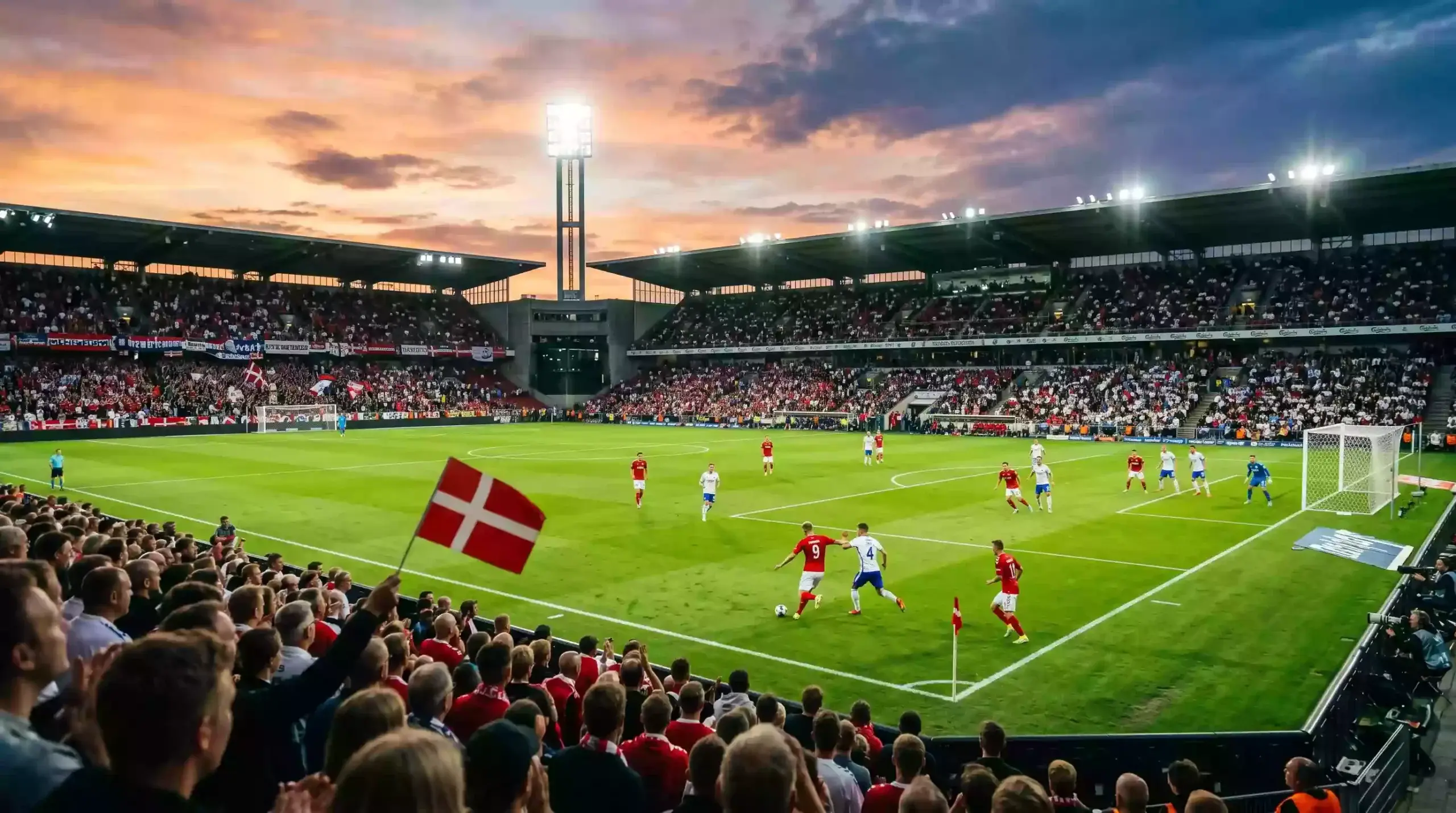 Superliga-stadion med dansk flag og spil-terminal i forgrunden