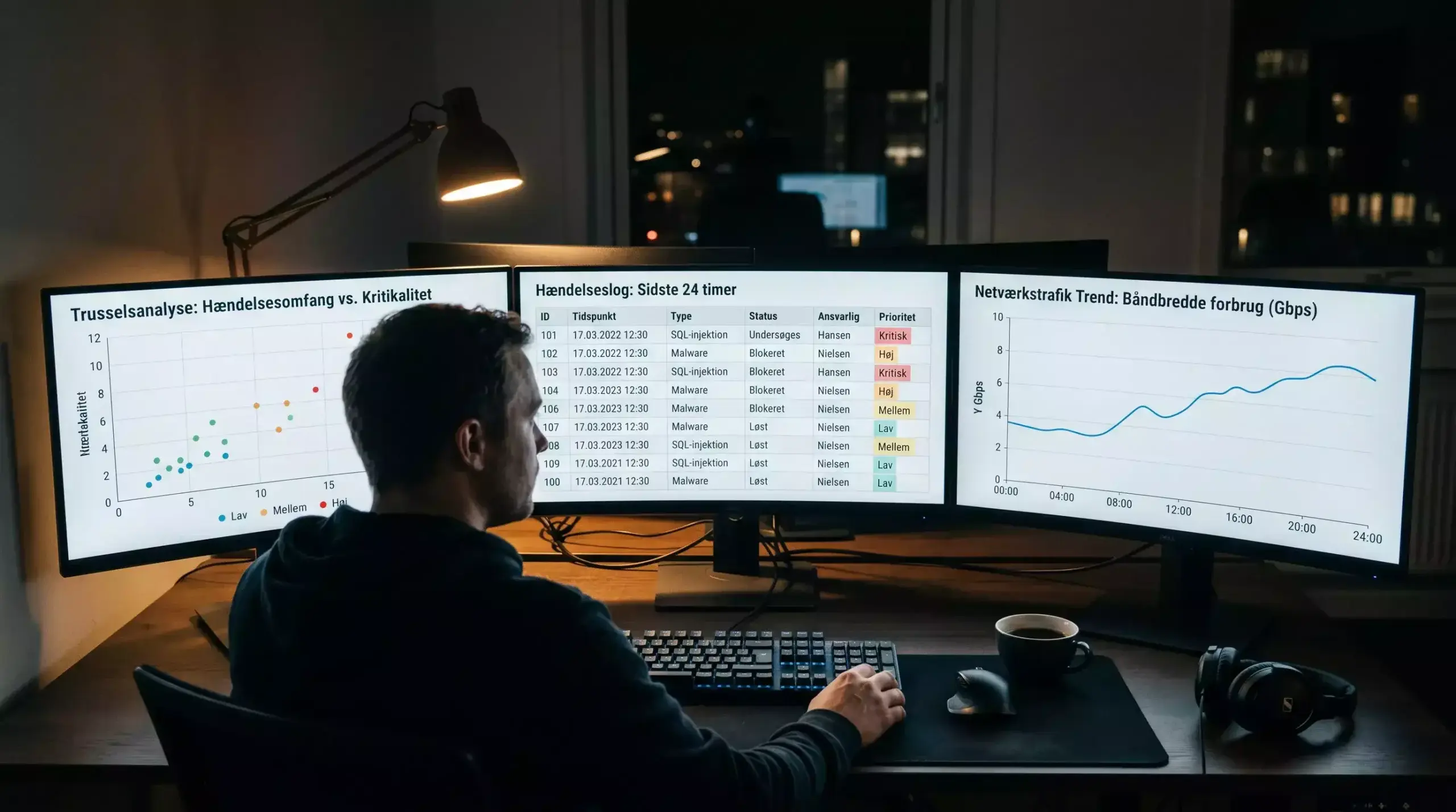 Mørkt overvågningsrum med tre skærme, der viser dashboards over væddemålsmønstre